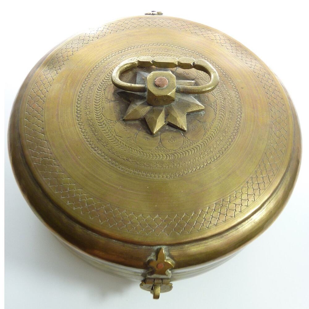 Vintage Brass Bread Box Round Tiffin Holder Hinged Lid Jewelry Case Large 9.5"